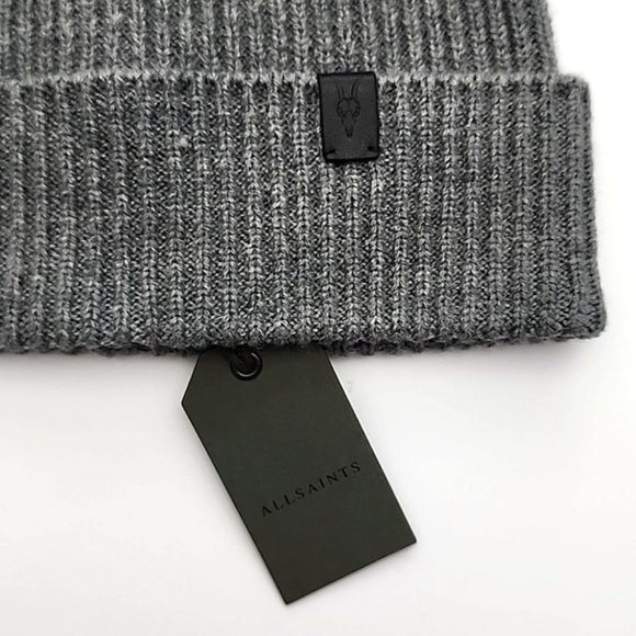 AllSaints Unisex Merino Wool Blend Knit Charcoal Grey Rib Mix Beanie Size OS - Picture 5 of 10